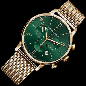 Maurice Lacroix EL1098-PVP06-620-1 | Eliros Chronograph Green Vert | Damen-Armbanduhr Gold Milanaise | Zifferblatt grün | Stoppuhr | Datumsanzeige | Swiss Made | NEU OVP mit Box & Papiere | 2 Jahre Hersteller-Garantie