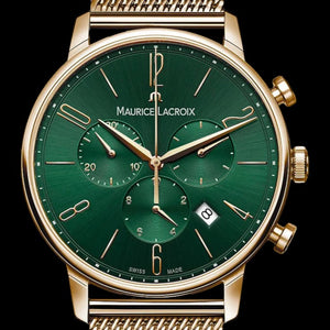 Maurice Lacroix EL1098-PVP06-620-1 | Eliros Chronograph Green Vert | Damen-Armbanduhr Gold Milanaise | Zifferblatt grün | Stoppuhr | Datumsanzeige | Swiss Made | NEU OVP mit Box & Papiere | 2 Jahre Hersteller-Garantie