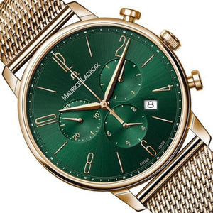 Maurice Lacroix EL1098-PVP06-620-1 | Eliros Chronograph Green Vert | Damen-Armbanduhr Gold Milanaise | Zifferblatt grün | Stoppuhr | Datumsanzeige | Swiss Made | NEU OVP mit Box & Papiere | 2 Jahre Hersteller-Garantie