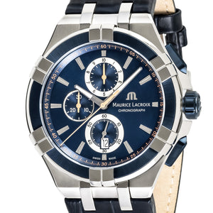 Maurice Lacroix Aikon Chronograph AI1018-SS001-434-4 Herrenuhr Stoppuhr Datumsanzeige Saphirglas Swiss Made blaues Lederband NEU OVP. mit Box Papiere 2 Jahre Hersteller-Garantie