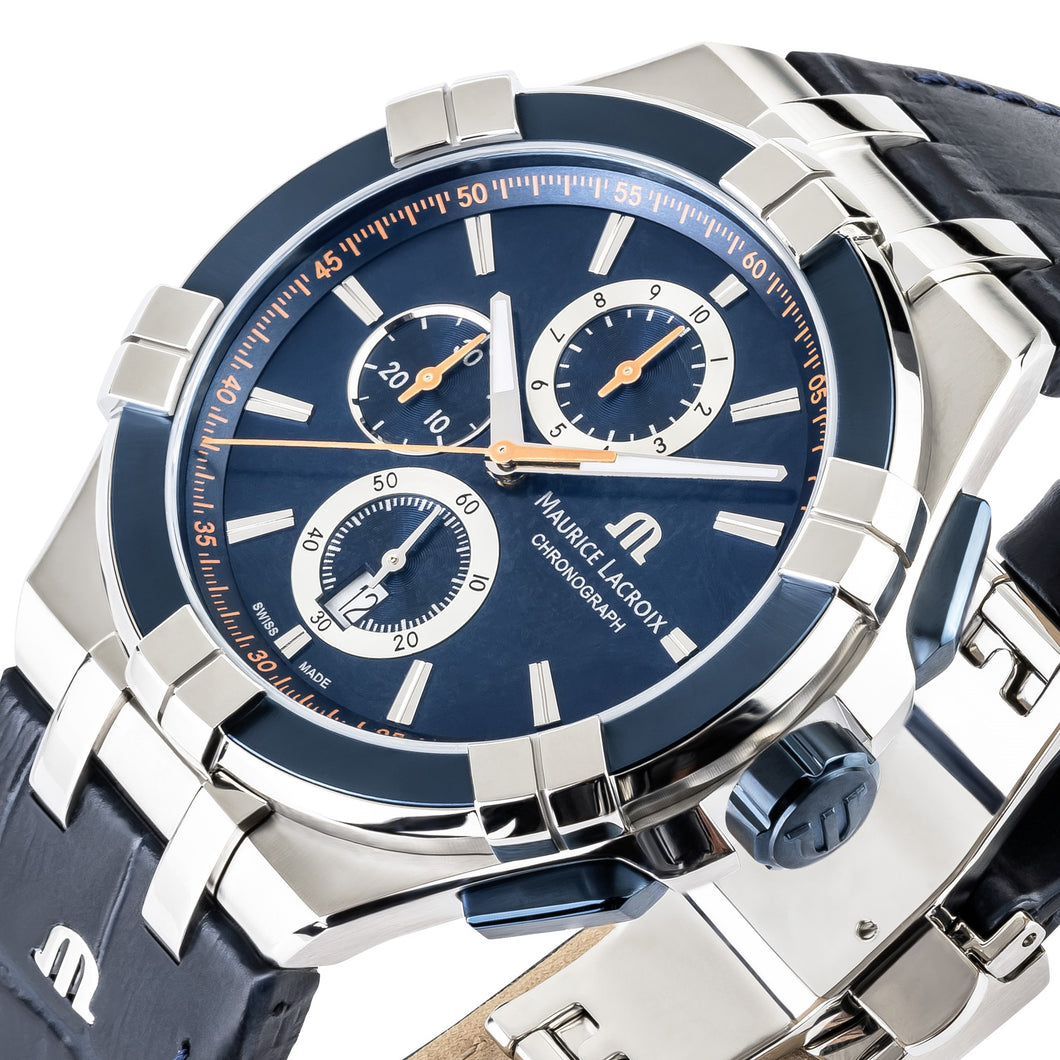 Maurice Lacroix Aikon Chronograph AI1018-SS001-434-4 Herrenuhr Stoppuhr Datumsanzeige Saphirglas Swiss Made blaues Lederband NEU OVP. mit Box Papiere 2 Jahre Hersteller-Garantie