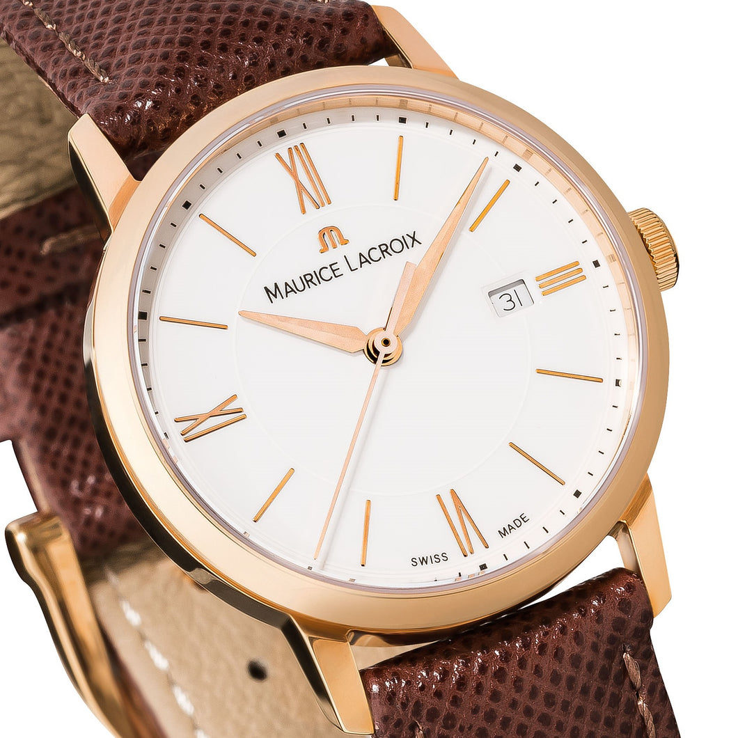 Maurice Lacroix Eliros Date EL1094-PVP01-111-1 Damen-Armbanduhr Gold Lederband braun NEU OVP mit Box Papiere Anleitung 2 Jahre Hersteller-Garantie