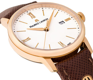 Maurice Lacroix Eliros Date EL1094-PVP01-111-1 Damen-Armbanduhr Gold Lederband braun NEU OVP mit Box Papiere Anleitung 2 Jahre Hersteller-Garantie