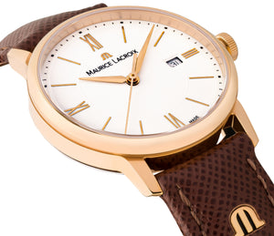 Maurice Lacroix Eliros Date EL1094-PVP01-111-1 Damen-Armbanduhr Gold Lederband braun NEU OVP mit Box Papiere Anleitung 2 Jahre Hersteller-Garantie